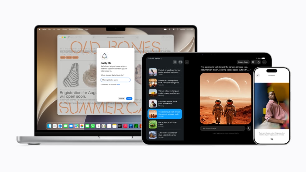 Een Apple Vision Pro-headset, een 14-inch MacBook Pro, een 11-inch iPad Pro en een iPhone 17 Pro met verschillende gebruikersinterfaces voor Apple Intelligence.