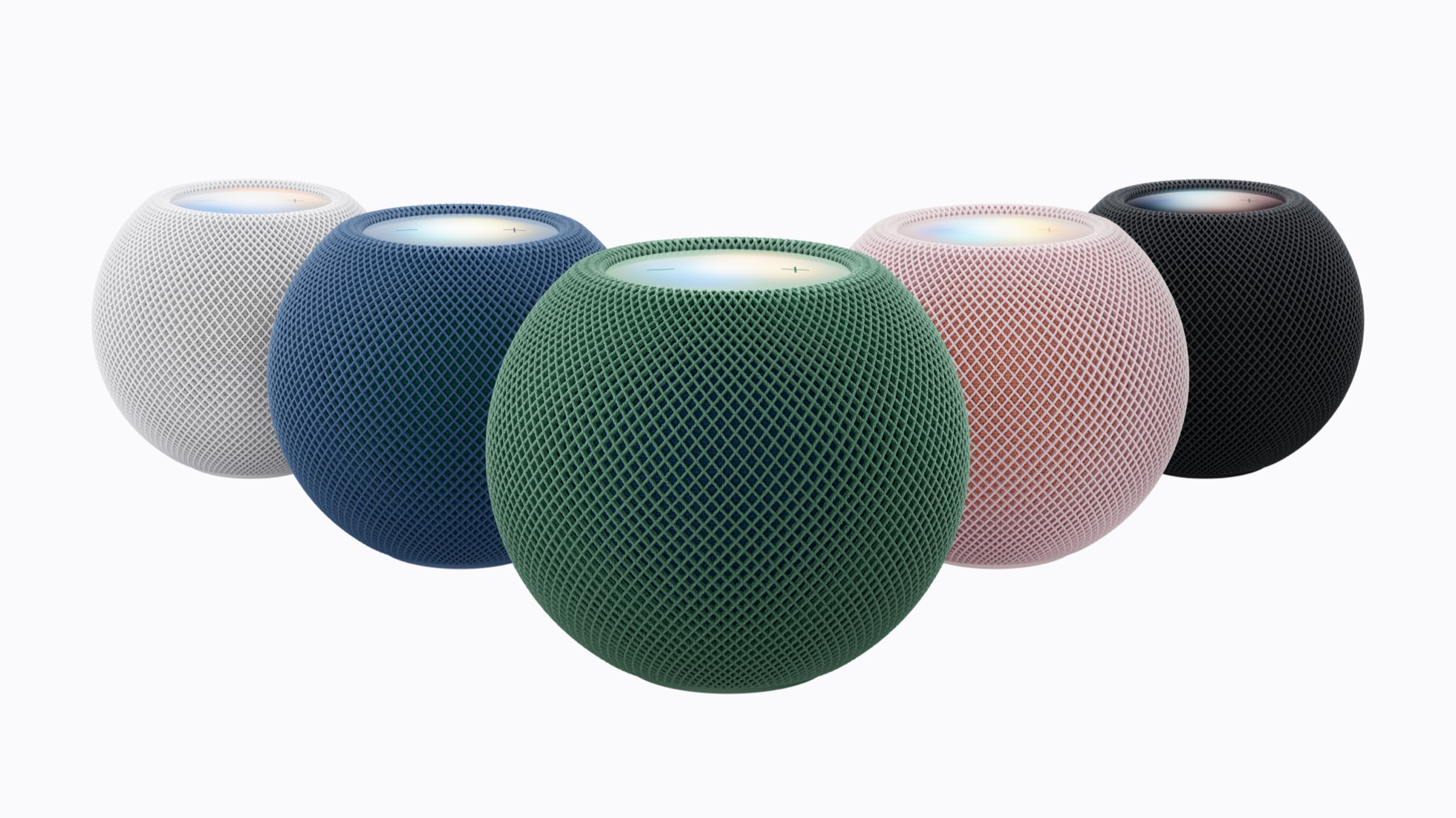HomePod mini 2 vises i farverne hvid, blå, grøn, lyserød og midnat.