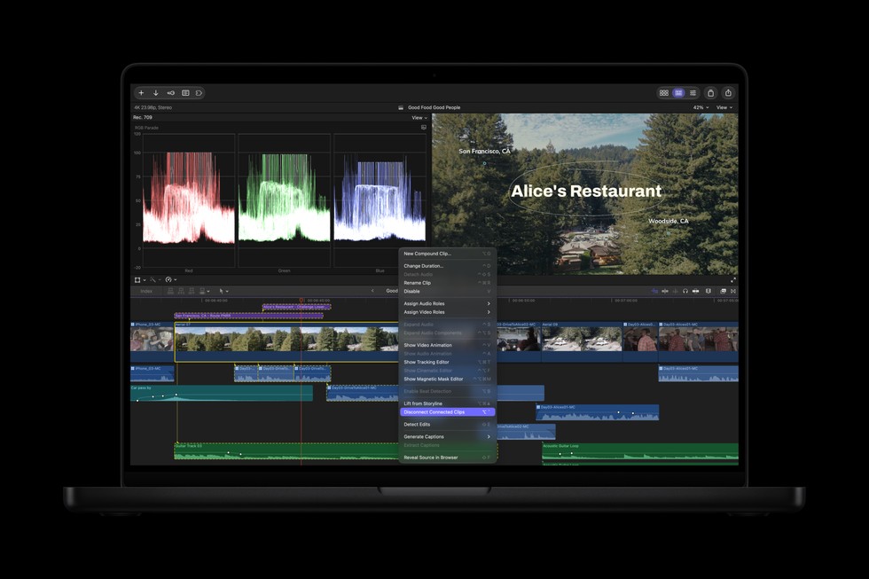 MacBook Pro displays a Final Cut Pro screen showing clips being disconnected.
