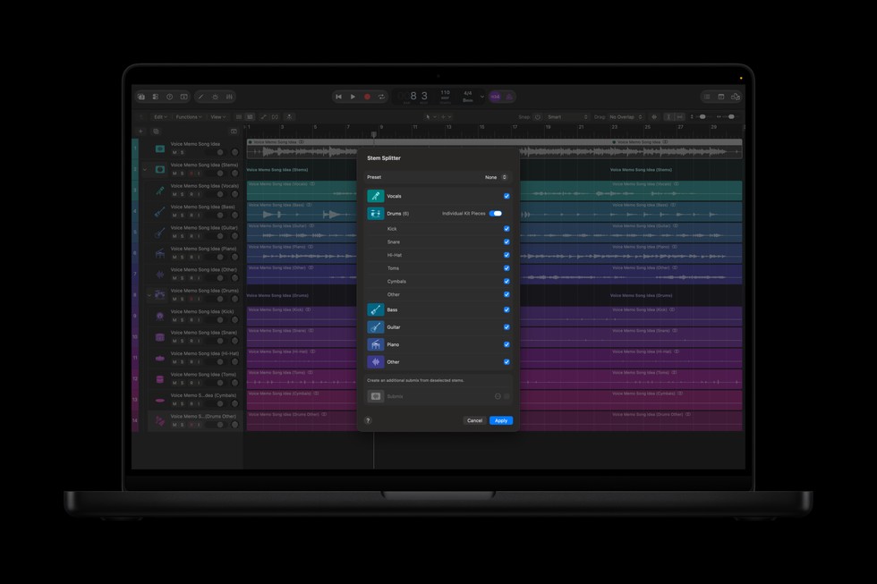 MacBook Pro shows a Logic Pro screen with Stem Splitter.