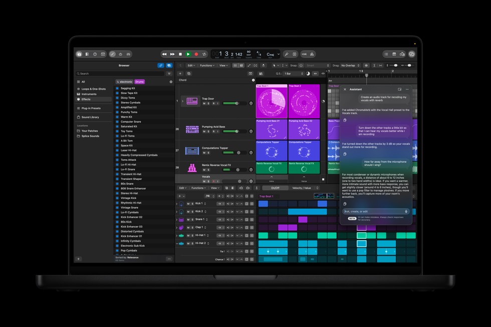 MacBook Pro shows a Logic Pro screen featuring a new intelligent assistant.