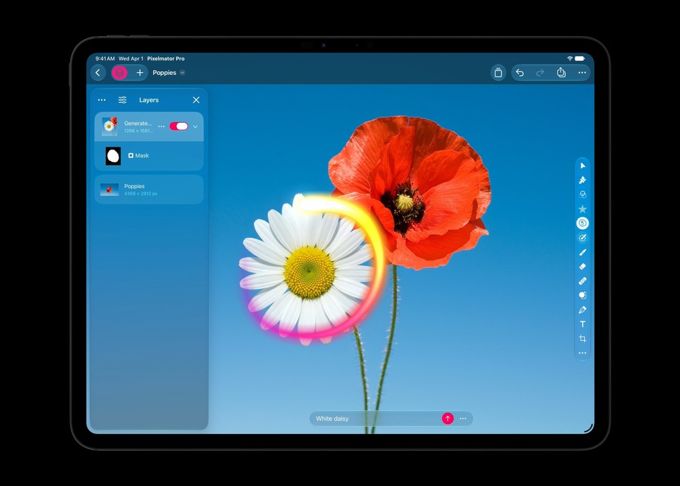 iPad shows a Generate Fill screen in Pixelmator Pro.
