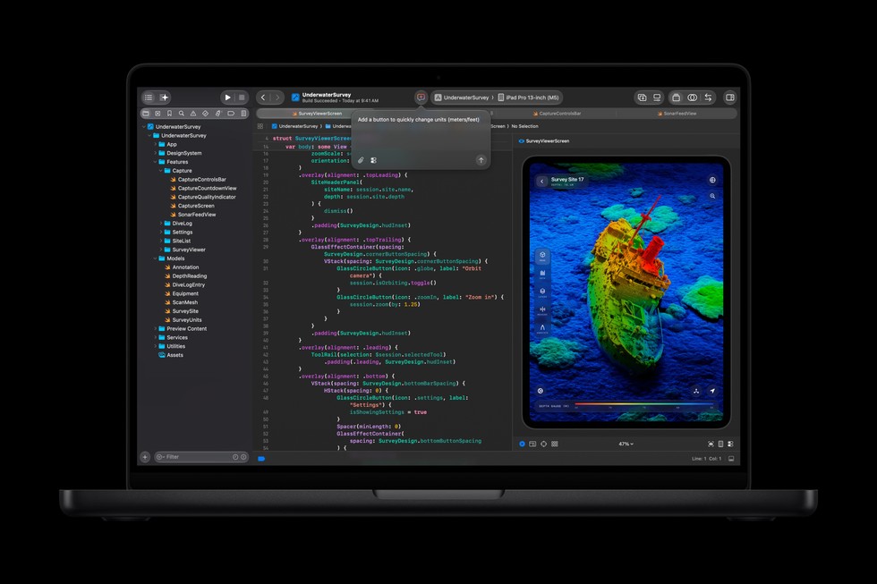 Lines of code are compiled in Xcode on the new 14-inch MacBook Pro with M6.
