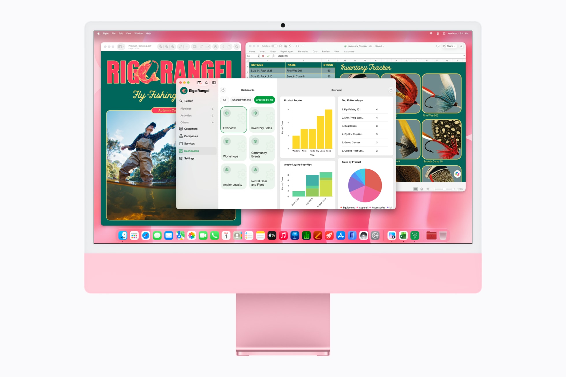 Um painel de produtos no Bigin by Zoho, um controle de estoque no Microsoft Excel e um catálogo em PDF são exibidos no iMac com M6 na cor rosa.