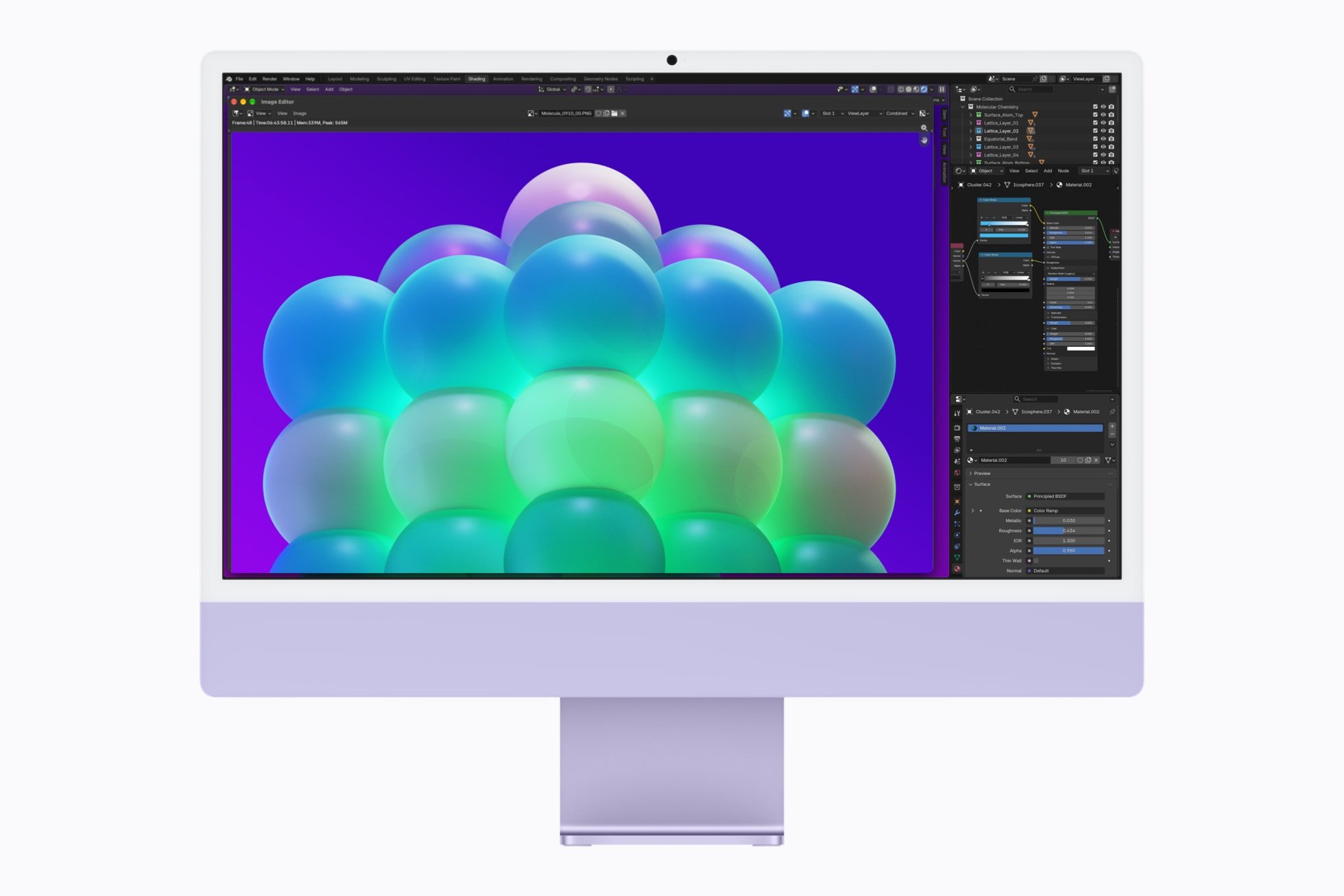 Um projeto no Blender é exibido no iMac com M6 na cor roxa.