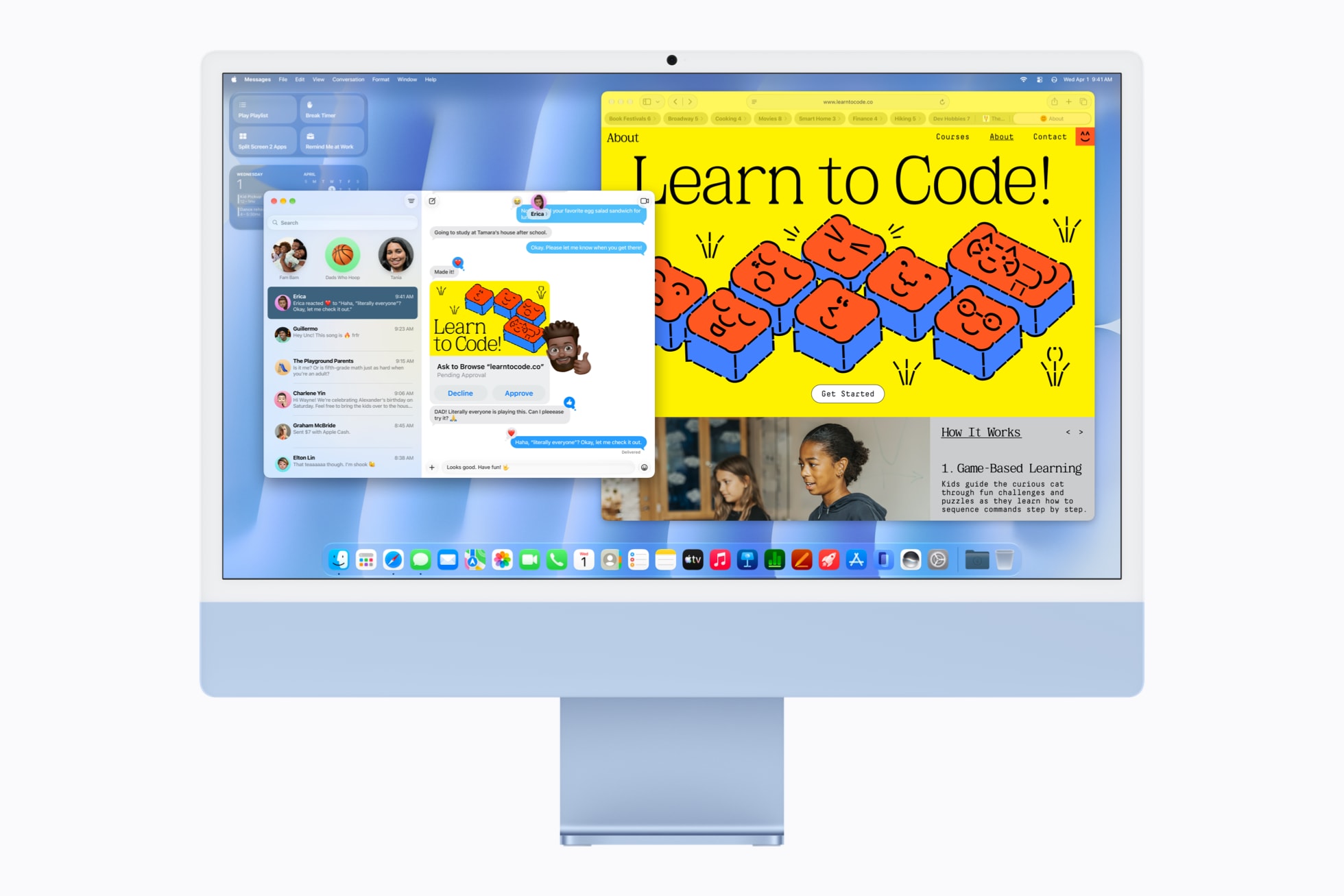 O app Mensagens é exibido ao lado do Safari no iMac com M6 na cor azul.