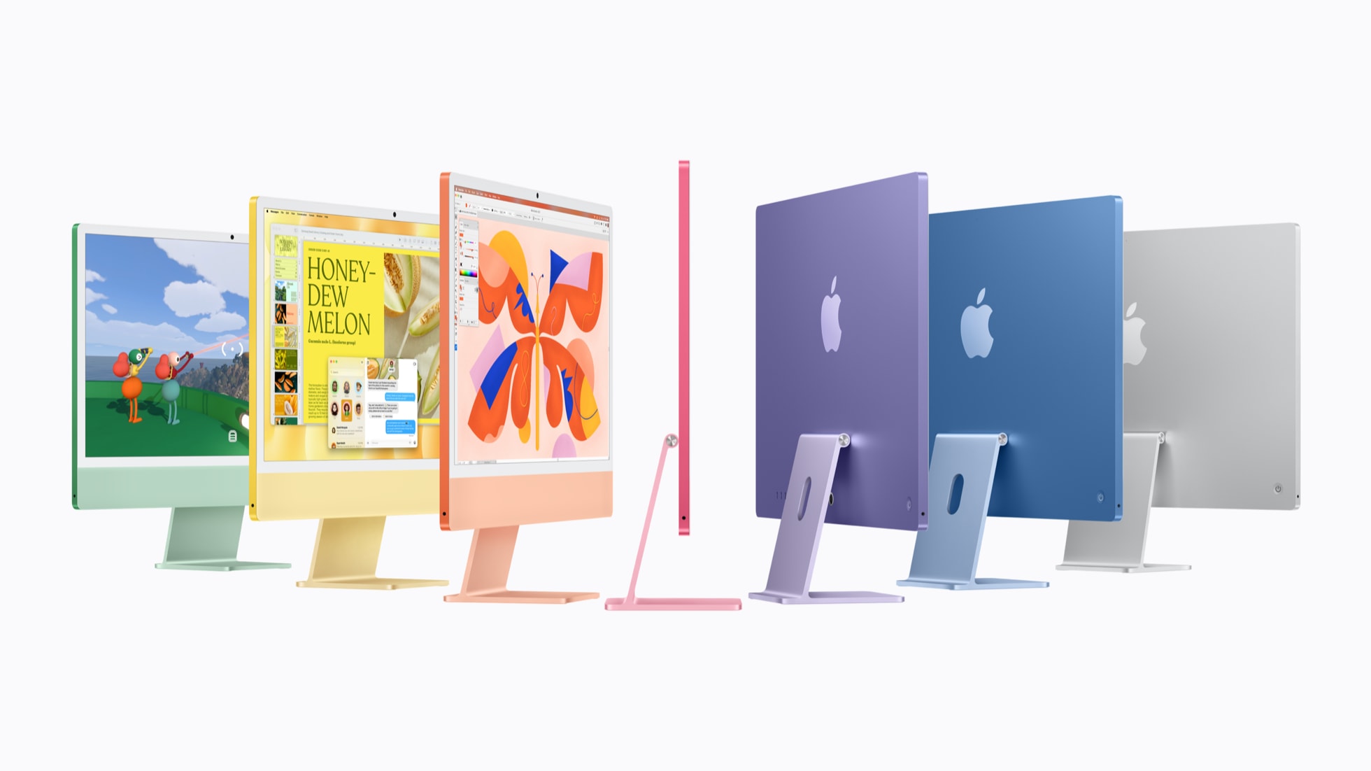O iMac com M6 é mostrado em verde, amarelo, laranja, rosa, roxo, azul e prateado.