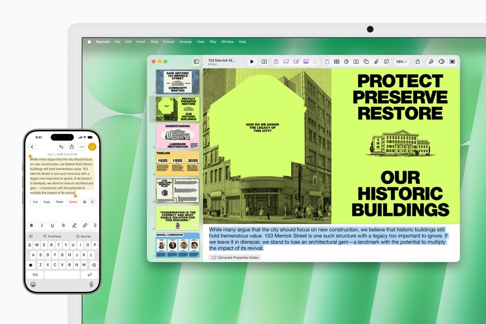 O recurso Continuidade é usado para transferir texto do iPhone 18 Pro para uma apresentação do Keynote no iMac com M6.