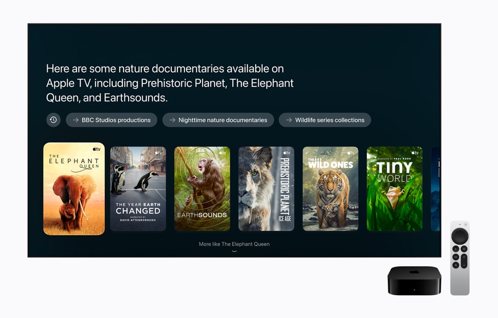 Apple TV 4K displays a Siri AI message with thumbnails to various documentaries. The message reads, “Here are some nature documentaries available on Apple TV, including ‘Prehistoric Planet,’ ‘The Elephant Queen,’ and ‘Earthsounds.’”