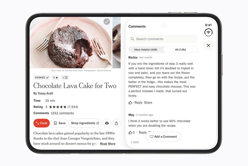 A fully flat open iPhone Duo shows the NYT Cooking app.