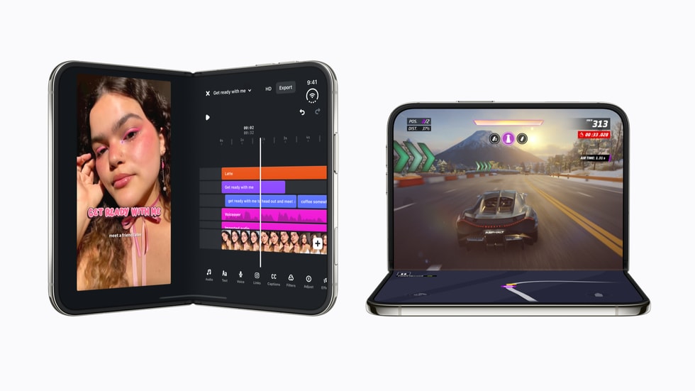 Two iPhone Duo devices: On the left, a user’s partially folded iPhone Duo shows Instagram’s Edits app, while on the right, a user’s partially folded iPhone Duo device shows the game Asphalt Legends.
