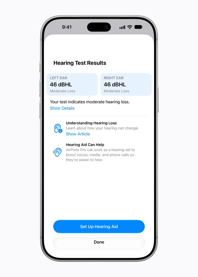 iPhone 18 Pro shows results from an Apple Hearing Test.