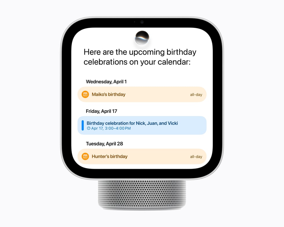 A Siri AI mostra informações do app Calendário de uma pessoa no HomeView.