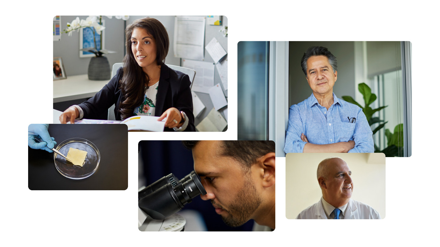 Collage de cinq photos représentant les personnes impliquées dans la start-up de biotechnologies SweetBio