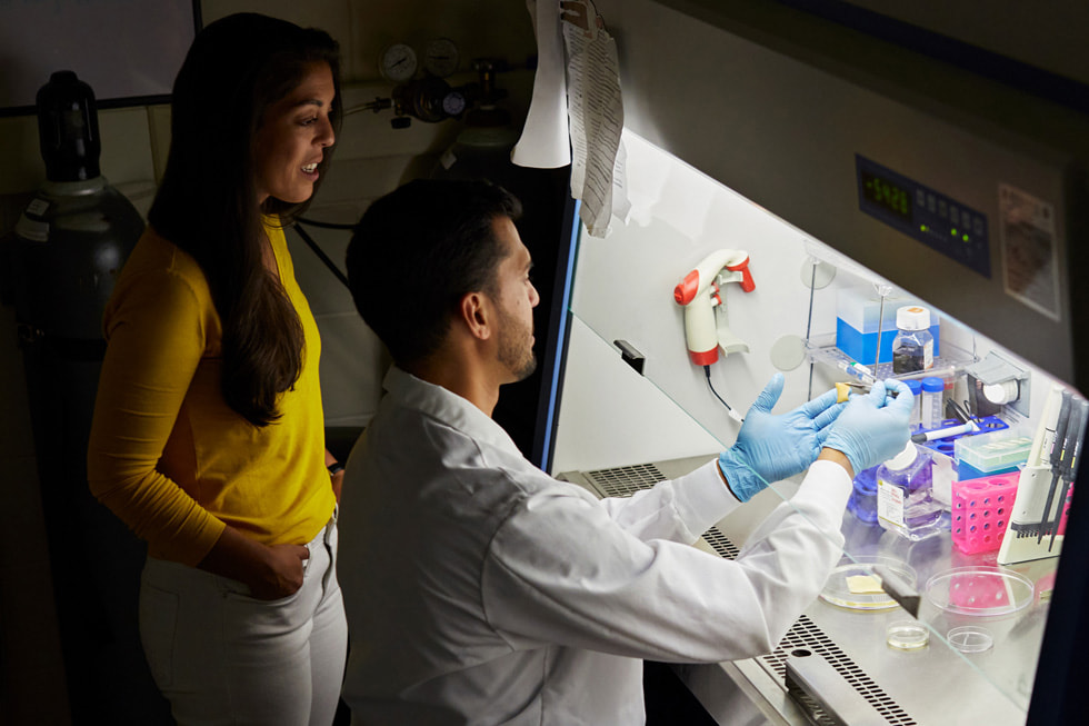 Kayla Rodriguez Graff et Isaac Rodriguez, cofondateurs de SweetBio, travaillant dans un laboratoire.