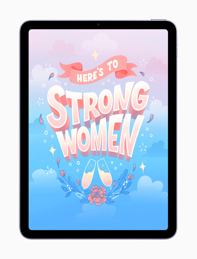 Trabajo digital de lettering de Belinda Kou que dice, en inglés: "Un brindis por las mujeres empoderadas".