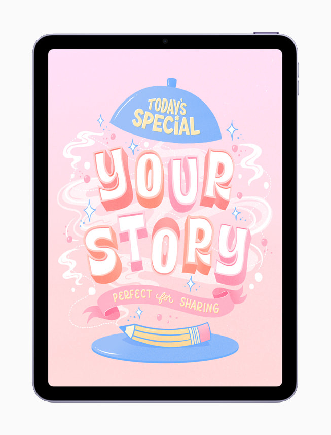 Trabajo digital de lettering de Belinda Kou que dice, en inglés: "Plato del día: tu historia, ideal para compartir".