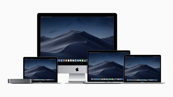 Portátiles Mac en distintos tamaños junto al nuevo Mac mini en gris espacial y a un Mac de sobremesa. 