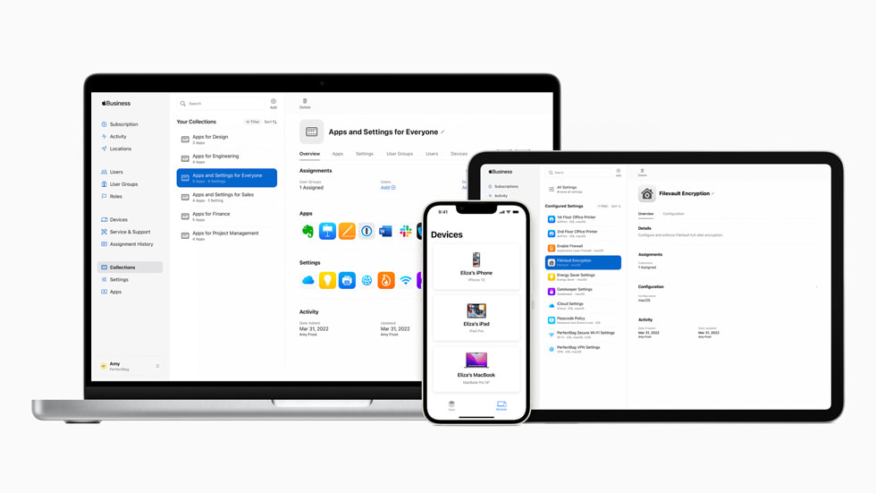 Apple Business Essentials, Apple Business Connect และ Tap to Pay แสดงบน MacBook Pro, iPad และ iPhone ตามลำดับ