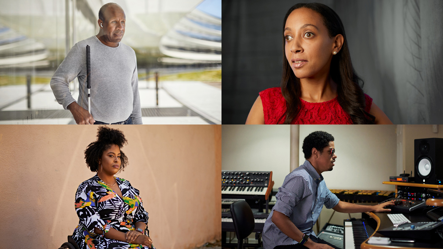 In einem Raster sind vier Porträts angeordnet, die im Uhrzeigersinn von links oben Dean Hudson, Haben Girma, Matthew Whitaker und Tatiana Lee zeigen.