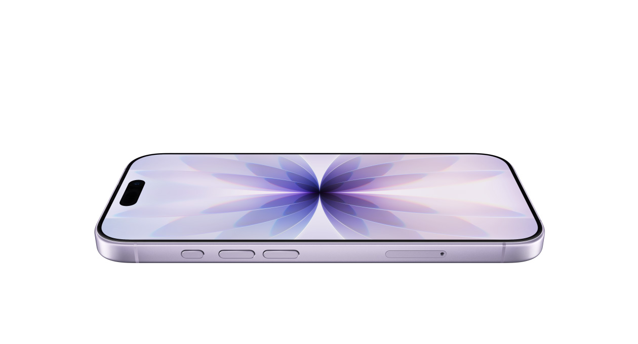 iPhone 17, przód obudowy z Ceramic Shield, bok obudowy, kolor lawendy, przyciski: czynności, głośności, Dynamic Island pośrodku u góry
