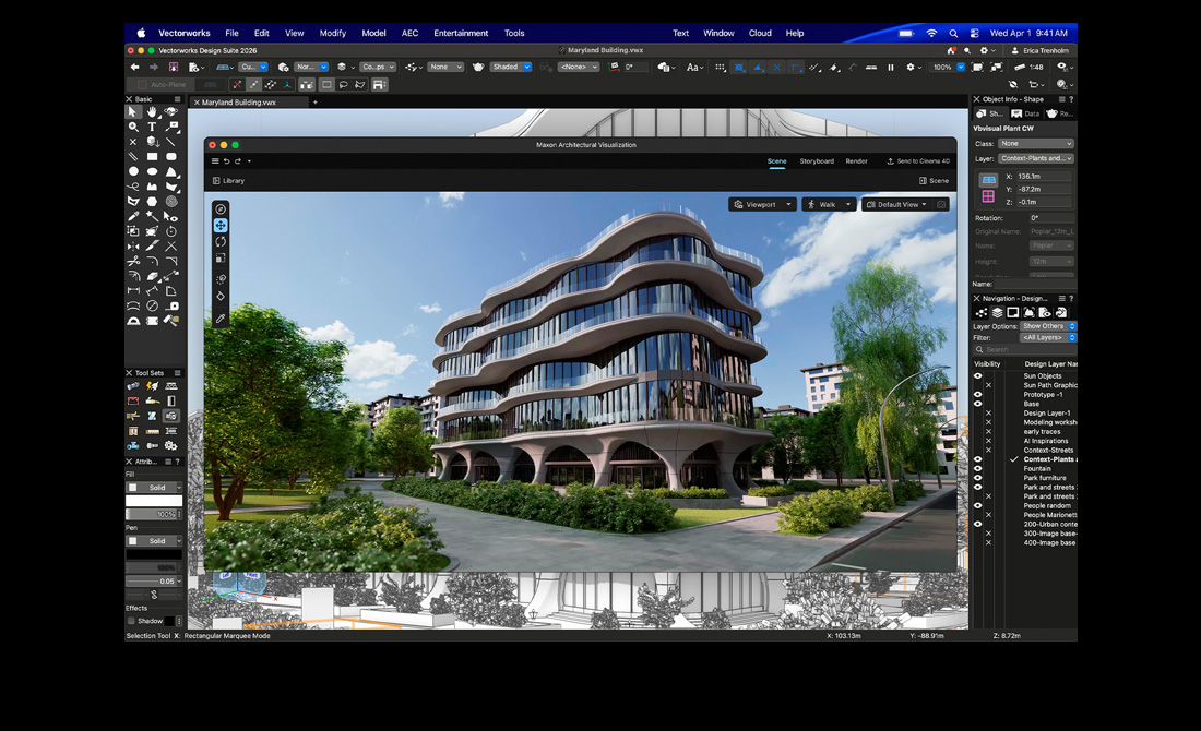 Ekran MacBooka Pro przedstawiający pakiet Vectorworks Design Suite w aplikacji Maxon Redshift