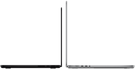 14‑calowy MacBook Pro w kolorze gwiezdnej czerni obok 16‑calowego MacBooka Pro w kolorze srebrnym