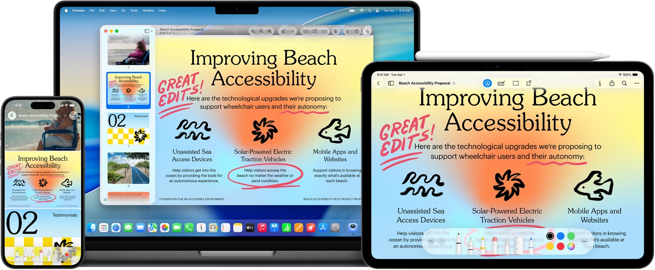 Kilka urządzeń Apple wyświetlających ten sam obraz, na iPadzie wprowadzono oznaczenia za pomocą Apple Pencil, które automatycznie pojawiają się na pozostałych urządzeniach