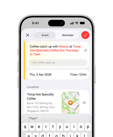 iPhone 18 Pro, Silver, screen showing Apple Intelligence creating a Calendar event based off description provided by user