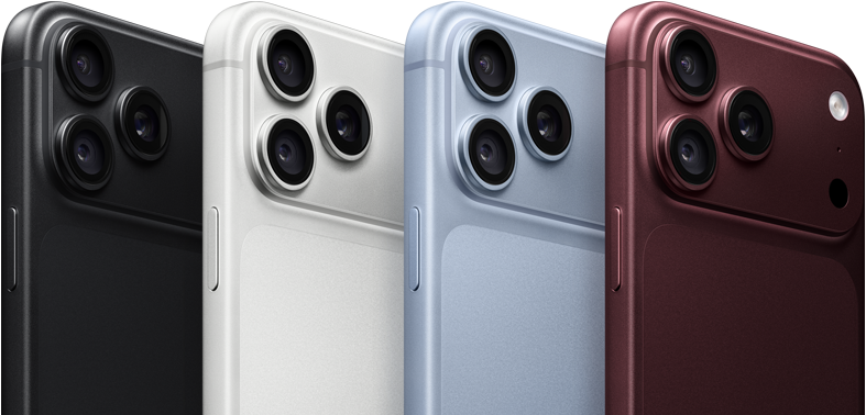 iPhony 18 Pro v rade, pohľad zozadu, všetky štyri farby: čierna, ľadovcová, strieborná, burgundská, sústava profesionálnych kamier Fusion v ľavom hornom rohu, tri objektívy, mikrofón, blesk