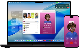 MacBook Pro a iPhone 16 Plus, otvorená apka Telefón, na oboch obrazovkách sa zobrazuje rovnaký kontakt