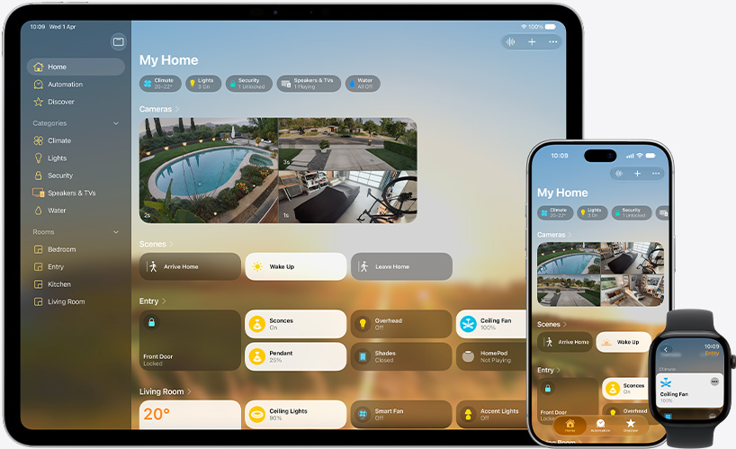 Home app displayed across iPad, iPhone, and Apple Watch, each showing My Home dashboard with cameras, climate, scenes, and device controls.