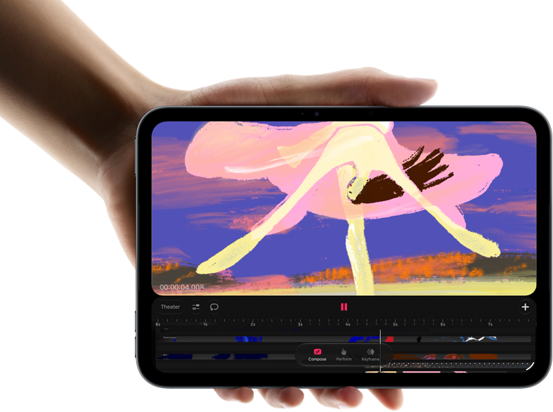 iPad mini, elde tutuluyor, önden görünüm, renkli klipler içeren video düzenleme arayüzü gösteriliyor, aşağıda A20 Pro çip belirtiliyor