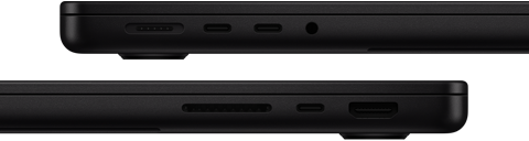 MacBook Pro’daki bağlantı noktaları gösteriliyor: Sol tarafta MagSafe, iki adet Thunderbolt bağlantı noktası ve kulaklık jakı; sağ tarafta SDXC, bir adet Thunderbolt bağlantı noktası ve HDMI
