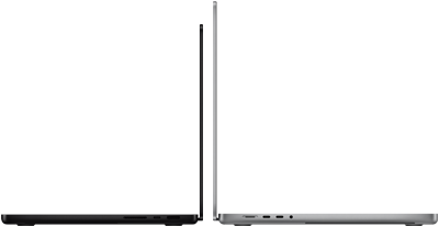 Uzay siyahı 14 inç MacBook Pro ve yanında gümüş rengi 16 inç MacBook Pro