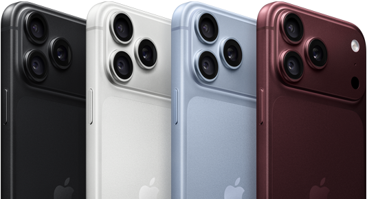 Пристрої iPhone 18 Pro в ряд, вид ззаду, усі чотири кольори: чорний, «арктичний лід», сріблястий, бордовий, професійна система камер Fusion угорі ліворуч, 3 об’єктиви, мікрофон, спалах