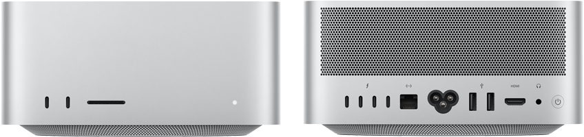 Mac Studio, передня панель, два порти USB-C, слот для SDXC-карт, індикатор стану, звужена основа знизу, пласка верхня панель, заокруглені сторони, прямі краї, сріблястий колір, Mac Studio, задня панель, вентиляційні отвори з алюмінію, чотири порти Thunderbolt 5, один порт Ethernet, один порт живлення, два порти USB-A, один порт HDMI, один порт для навушників і кнопка живлення
