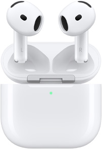 Atvērta AirPods 5 bezvadu uzlādes kārbiņa, un virs tās gaisā AirPods austiņas.
