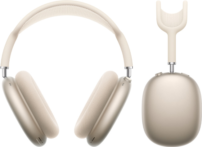 AirPods Max 2 สีสตาร์ไลท์ที่ถ่ายจากด้านหน้าและจากด้านข้าง
