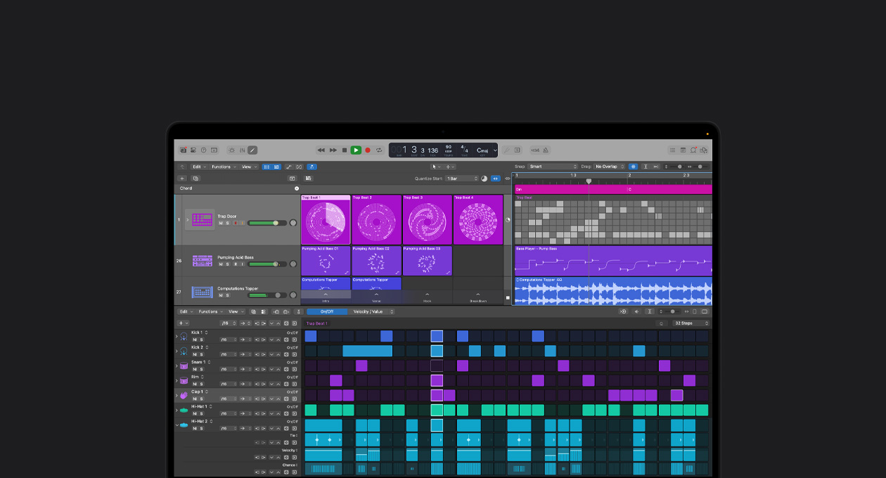 MacBook Pro 16 screen showing Logic Pro mixing board with purple and pink squares representing different audio layers and sounds and beat making tools with different colour blocks representing different percussion instruments at the bottom.