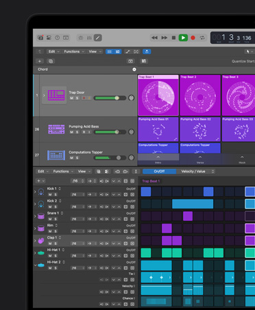 MacBook Pro 16 screen showing Logic Pro mixing board with purple and pink squares representing different audio layers and sounds and beat making tools with different colour blocks representing different percussion instruments at the bottom.