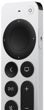 Siri Remote, boîtier en aluminium argent, profil fin. Face avant : micro en haut au centre, bouton d’alimentation en haut à droite, clickpad circulaire tactile, boutons de commande en saillie disposés à la verticale sur deux colonnes ; bouton de retour, bouton lecture/pause, bouton de mise en sourdine, bouton accueil et boutons de réglage du volume. Face supérieure : émetteur infrarouge. Côté droit : bouton Siri en saillie sur la partie haute, angles arrondis