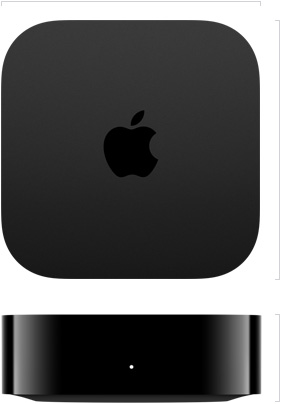 Apple TV 4K, ภายนอกด้านบน, โลโก้ Apple อยู่ตรงกลาง, ภายนอกด้านหน้า, ไฟสถานะ