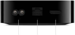 Apple TV 4K, ภายนอกด้านหลัง, พอร์ตต่างๆ ได้แก่ อุปกรณ์จ่ายไฟในตัว, Gigabit Ethernet, HDMI