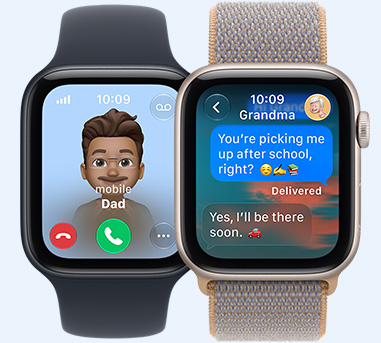 Deux Apple Watch SE 3, écrans affichant un appel entrant de Papa, un échange de Messages avec Mamie, associées respectivement au Bracelet Sport, noir, et à la Boucle Sport, bleu chambray (bleu-gris clair)