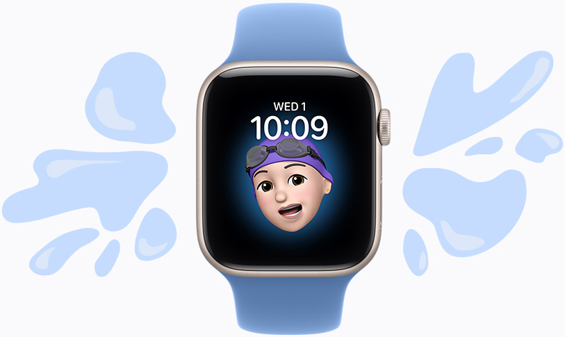 Plusieurs Apple Watch SE 3, écrans : appel entrant de Papa, Messages avec Mamie, bracelets : Bracelet Sport, noir, Boucle Sport, bleu chambray (bleu-gris clair)