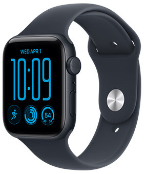 Apple Watch SE 3, boîtier en aluminium, finition minuit, côté droit, Digital Crown, micro, bouton latéral, Bracelet Sport, noir, système de fermeture à clou et passant (clou argent)