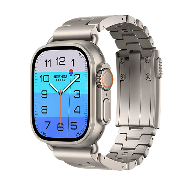 ساعة Apple Watch Hermès Ultra 4، واجهة الساعة بعقارب أعماق وعجائب (عقارب الساعة والدقيقة والثانية، إضافة العمق، مع عوامة بلون برتقالي تطفو فوق محيط بلون تركوازي مع تدرج لوني من أزرق فاتح إلى أزرق داكن)، إطار تيتانيوم، لون طبيعي، الجهة الخارجية اليمنى، التاج الرقمي، زر جانبي نافر، مقترنة بحزام Grand H Titane، لون Gris Titane‏