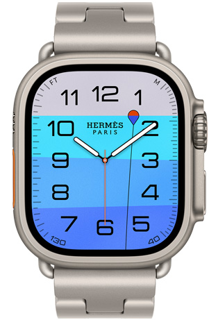 ساعة Apple Watch Hermès Ultra 4، واجهة الساعة بعقارب أعماق وعجائب (عقارب الساعة والدقيقة والثانية، إضافة العمق، مع عوامة بلون برتقالي تطفو فوق محيط بلون تركوازي مع تدرج لوني من أزرق فاتح إلى أزرق داكن)، إطار تيتانيوم، لون طبيعي، الجهة الخارجية اليمنى، التاج الرقمي، زر جانبي نافر، مقترنة بحزام Grand H Titane، لون Gris Titane‏