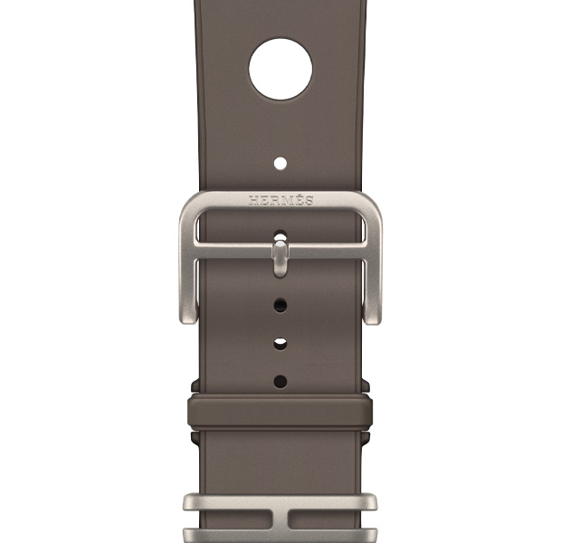 حزام Scub'H Diving لساعة Apple Watch Hermès Ultra 4، لون Gris Titane (رمادي)، تفاصيل الإبزيم، مطاط مقولب ناعم، فتحات دائرية في الوسط